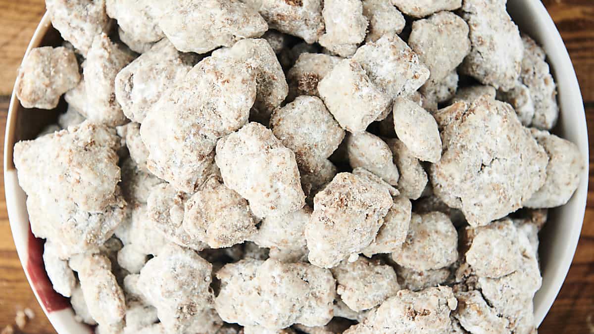bowl of nut-free gingerbread puppy chow