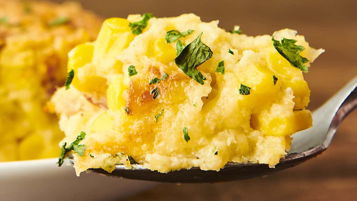 from scratch corn pudding with bacon and cheese