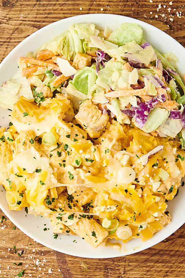 creamy buffalo chicken pasta with a side salad