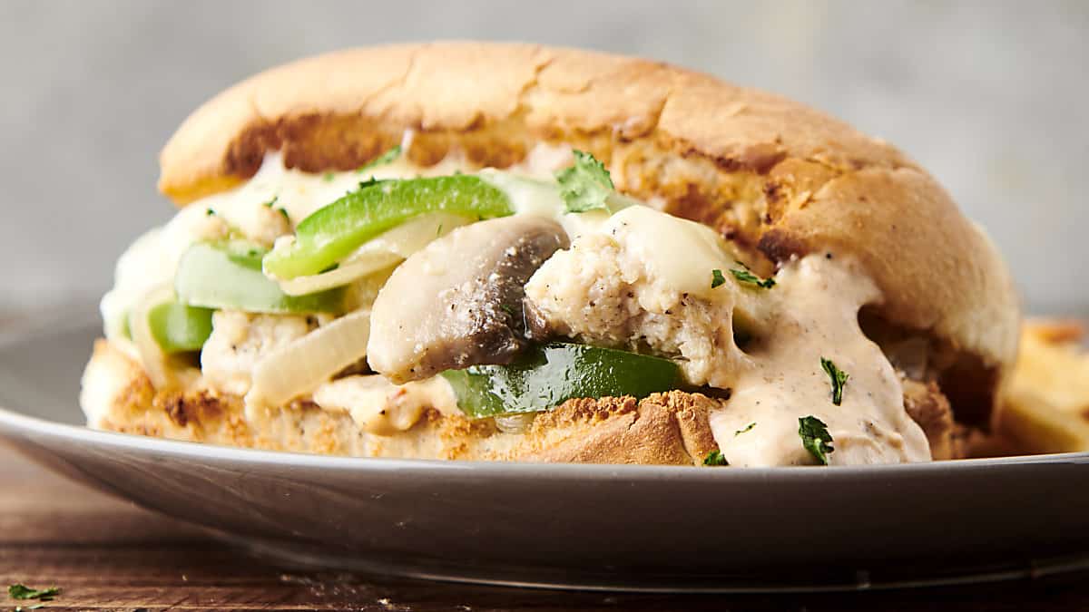 chicken cheesesteak with mushrooms, onion, and peppers