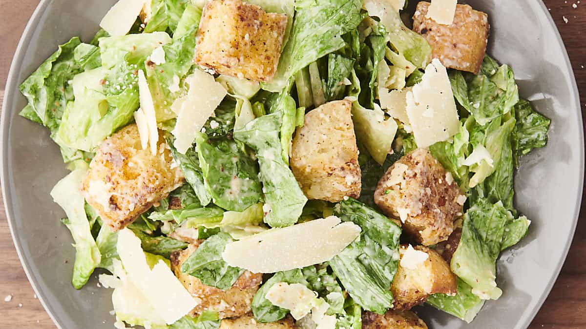 salad with homemade caesar salad dressing and croutons