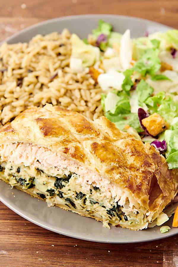 salmon en croute with salad and rice