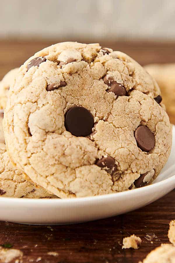 brown butter bisquick chocolate chip cookie on a plate