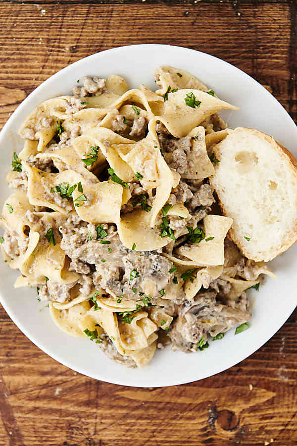 plate of ground beef stroganoff