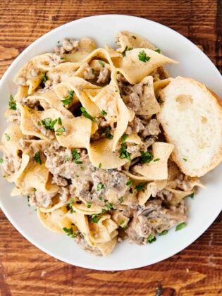 creamy egg noodle pasta with ground beef and mushrooms