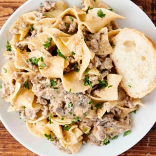 creamy egg noodle pasta with ground beef and mushrooms