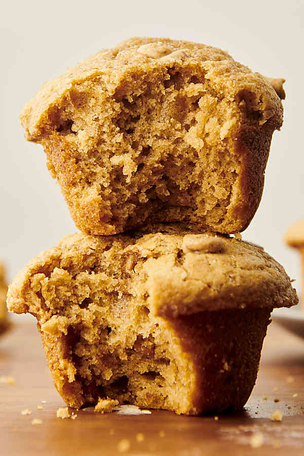 two peanut butter muffins stacked