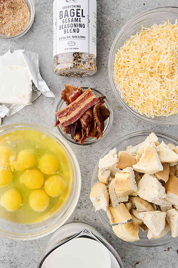 ingredients to make a bacon egg and cheese breakfast bake