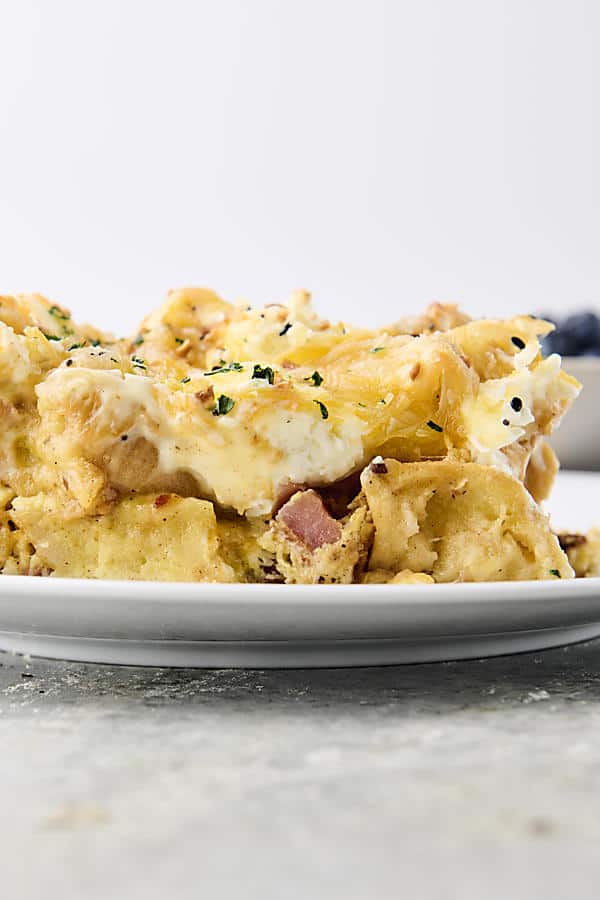 bacon egg and cheese breakfast casserole on a plate