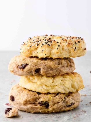 stack of high protein bagels made with cottage cheese and greek yogurt