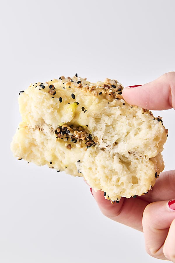 holding a greek yogurt everything bagel