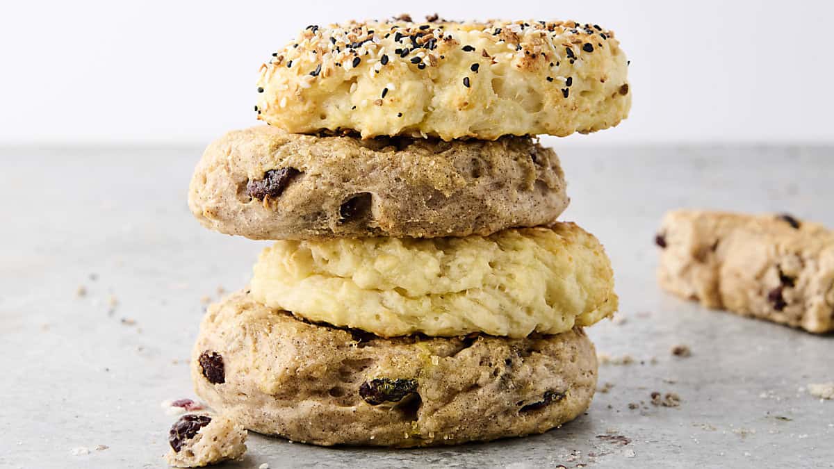 stack of everything and cinnamon raisin protein bagels