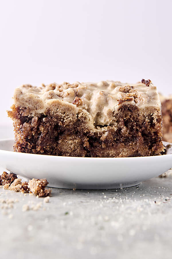 banana coffee cake with crumble and maple icing