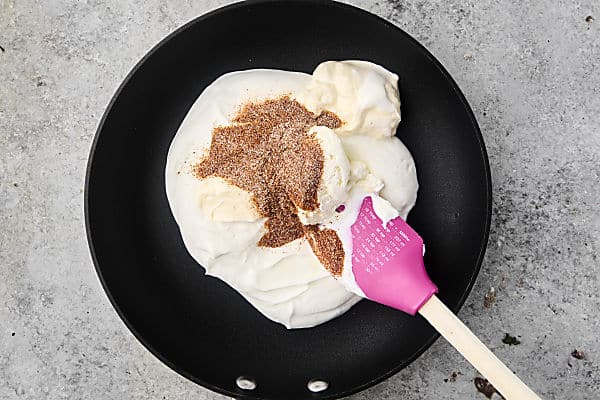 yogurt, mayo, cream cheese, and spices in a pan