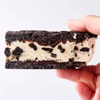 cookies and cream ice cream made into ice cream oreo sandwich