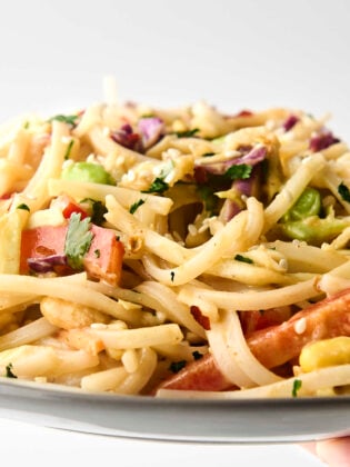 holding a plate of cold noodle salad with peanut ginger dressing