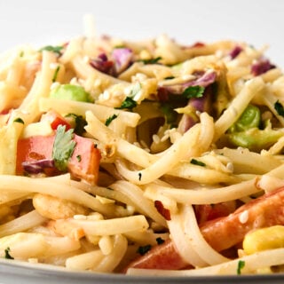 holding a plate of cold noodle salad with peanut ginger dressing