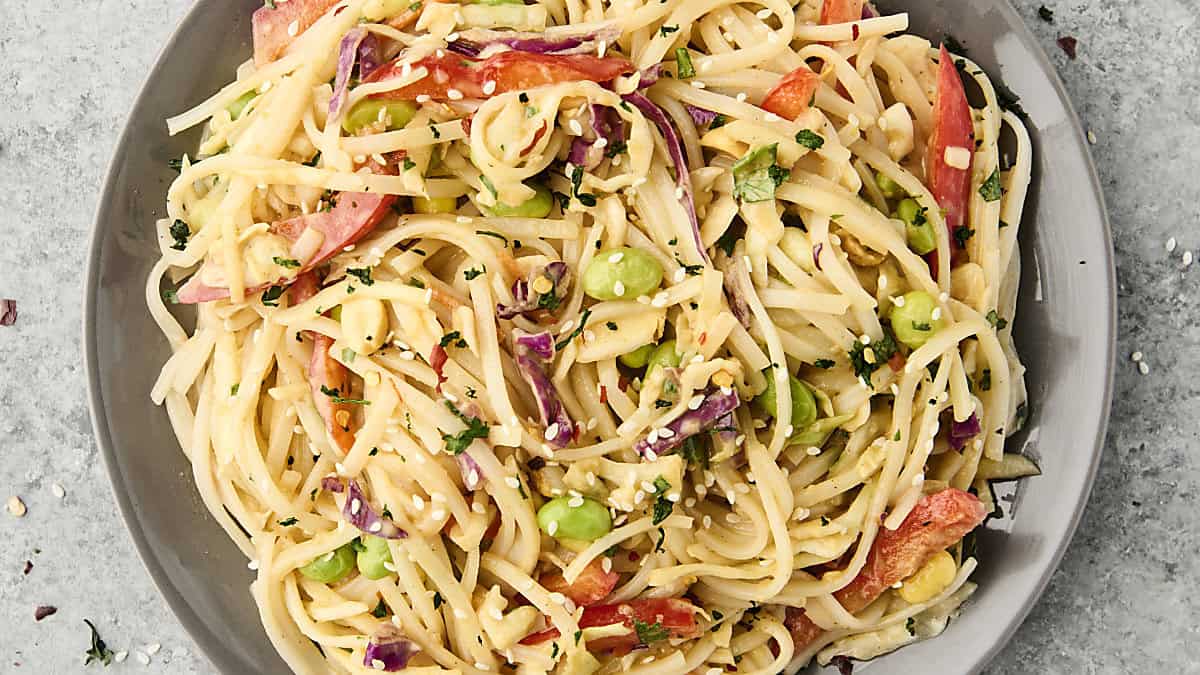 cold peanut ginger noodle salad on a plate