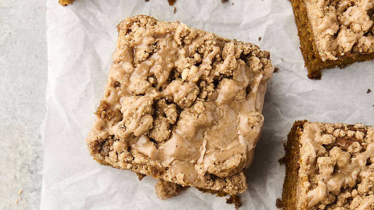 pumpkin crumb cake on parchment paper