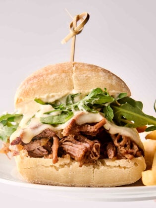 slow cooker french dip sandwich on a plate