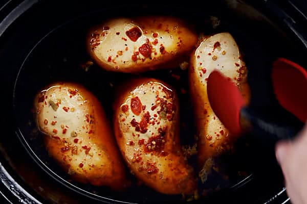 cooked chicken breasts in crockpot for honey sesame chicken