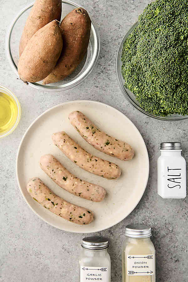 ingredients to make chicken sausage and veggies