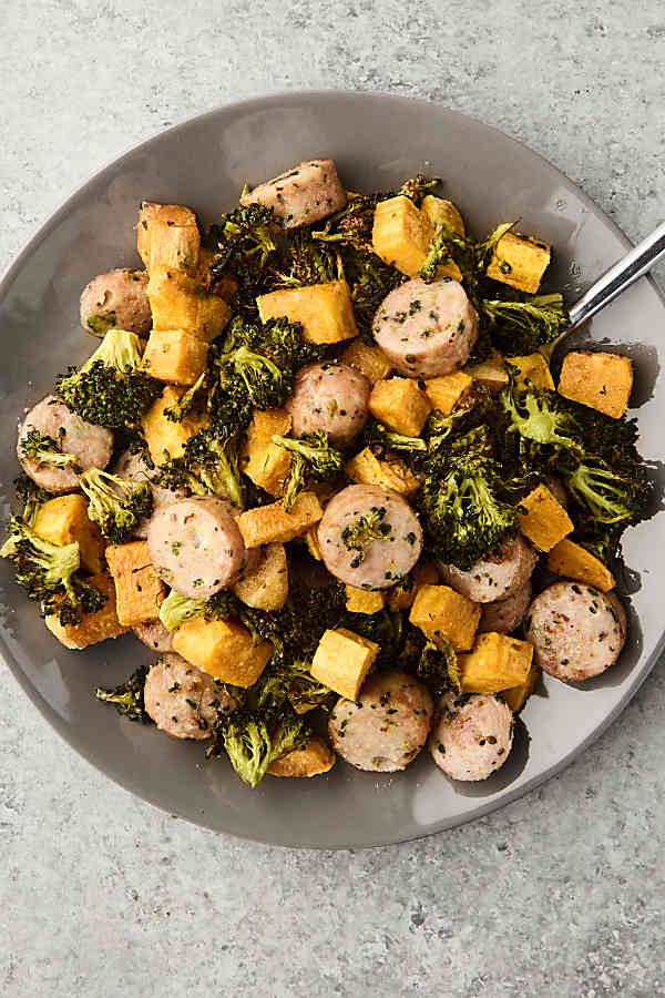 chicken sausage and veggies on a plate
