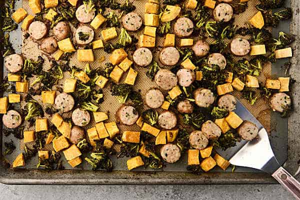 roasted chicken sausage and veggies on a sheet pan