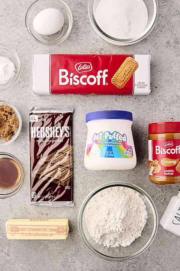 ingredients to make cookie butter smores bars