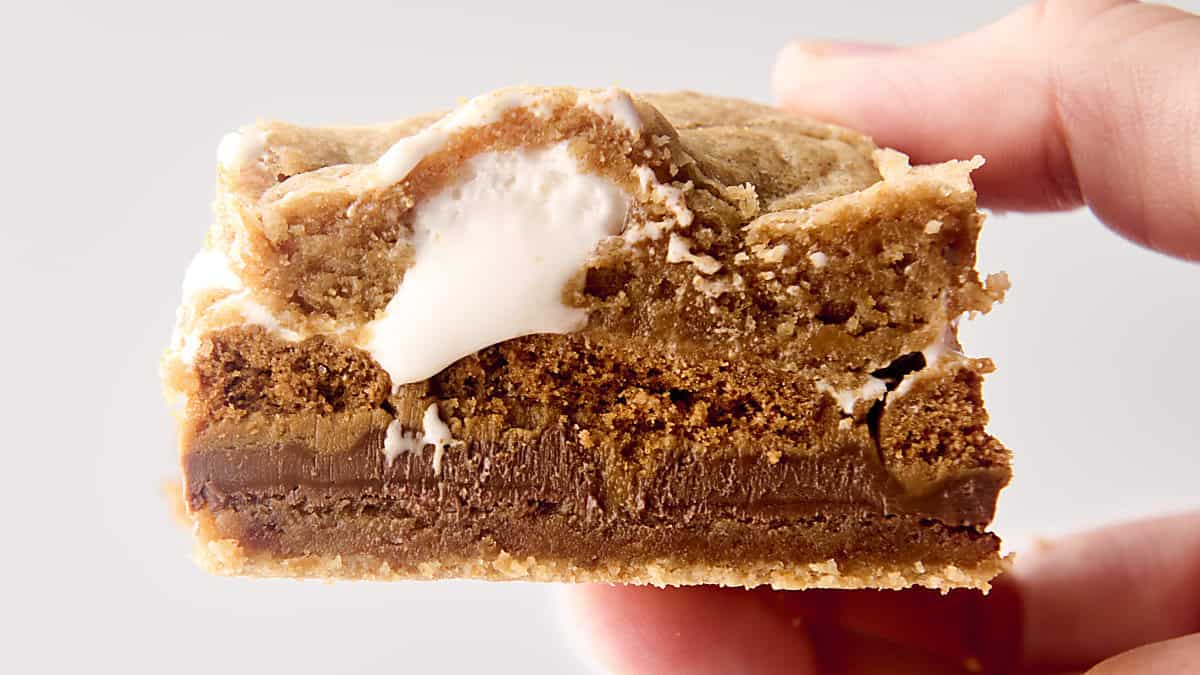 holding an gooey ooey cookie butter smores bar in hand