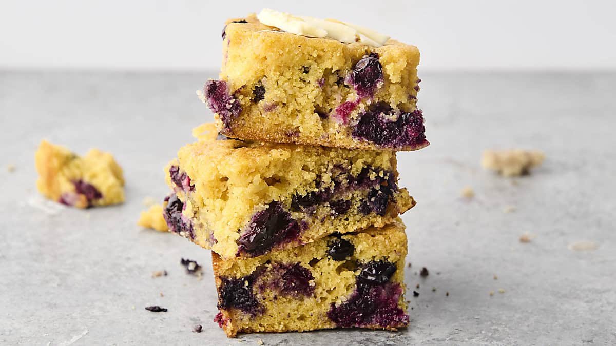 slices of blueberry cornbread stacked