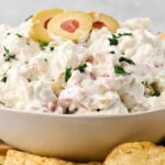 dirty martini dip in a bowl served with chips and pretzels