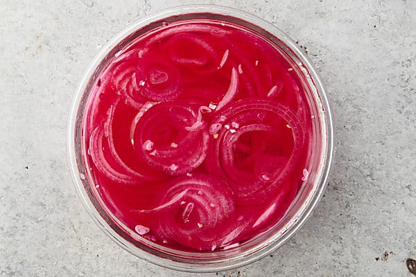 quick pickled red onions after chilling in the fridge