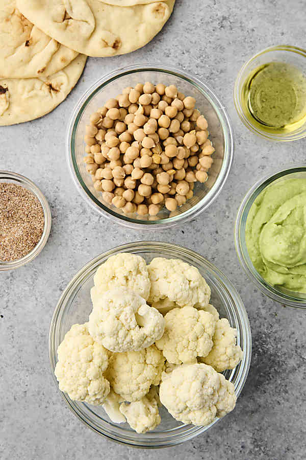 ingredients to make cauliflower and chickpea pitas