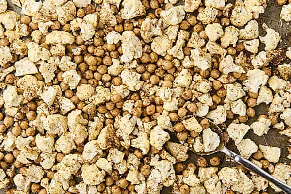 cauliflower and chickpeas before roasting