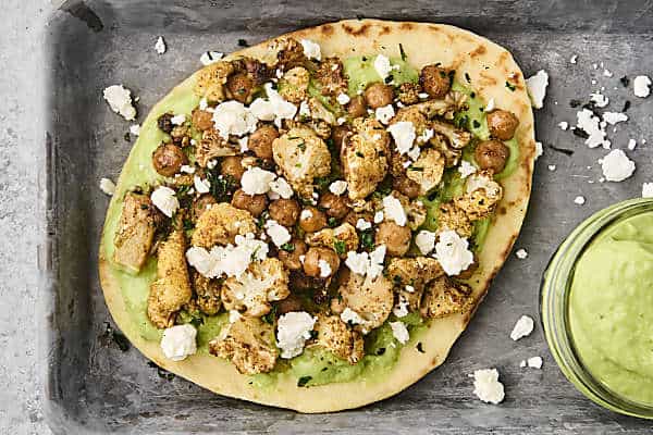 assembled roasted cauliflower and chickpea pitas