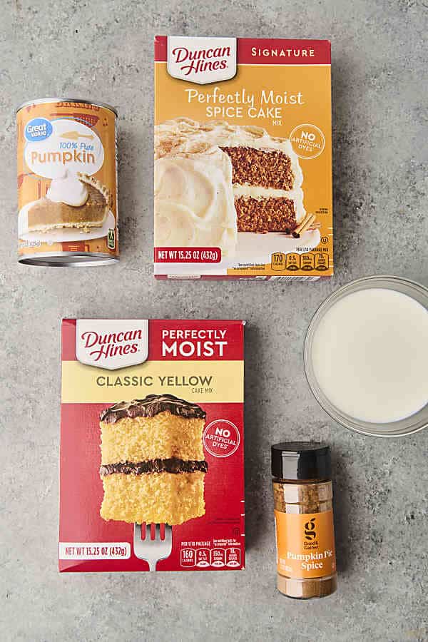 ingredients to make cake mix pumpkin muffins