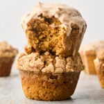 cake mix pumpkin muffins with crumb topping and glaze
