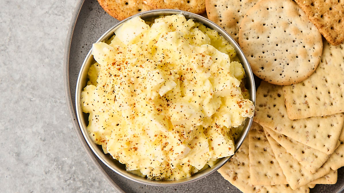 cottage cheese egg salad in a bowl with crackers