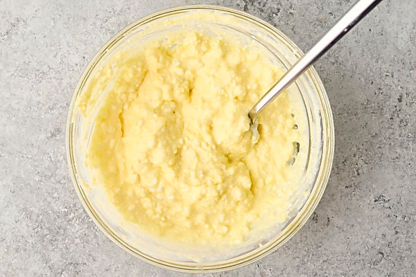 mashed egg salad mixture in a bowl