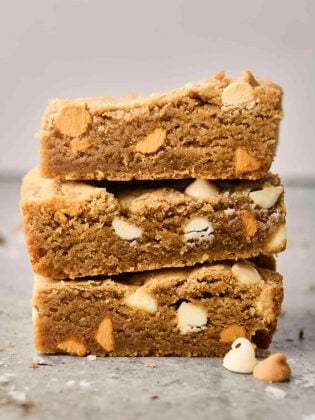 butterscotch blondies in a stack