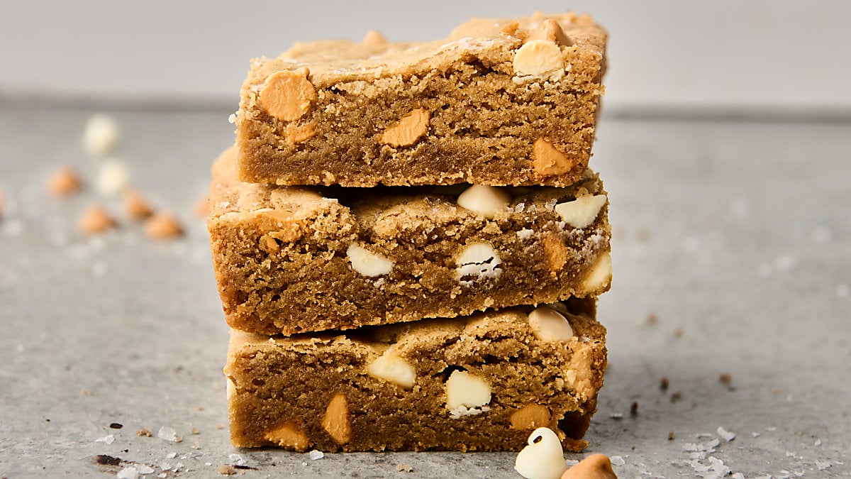 stack of brown butter butterscotch blondies with white chocolate
