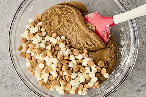 blondie batter with butterscotch chips in a bowl