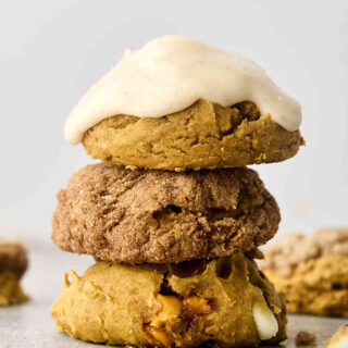 stack of cake mix pumpkin cookies with different mix-ins and toppings