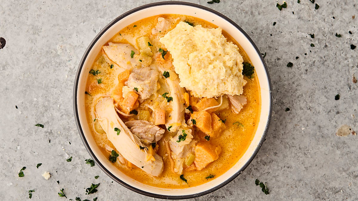 bowl of chicken stew with potatoes