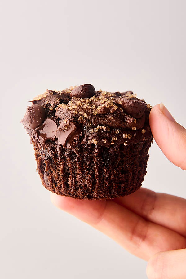 holding a chocolate pumpkin muffin