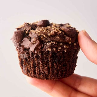 holding a double chocolate pumpkin spice muffin
