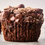 double chocolate pumpkin muffin with dark chocolate chips