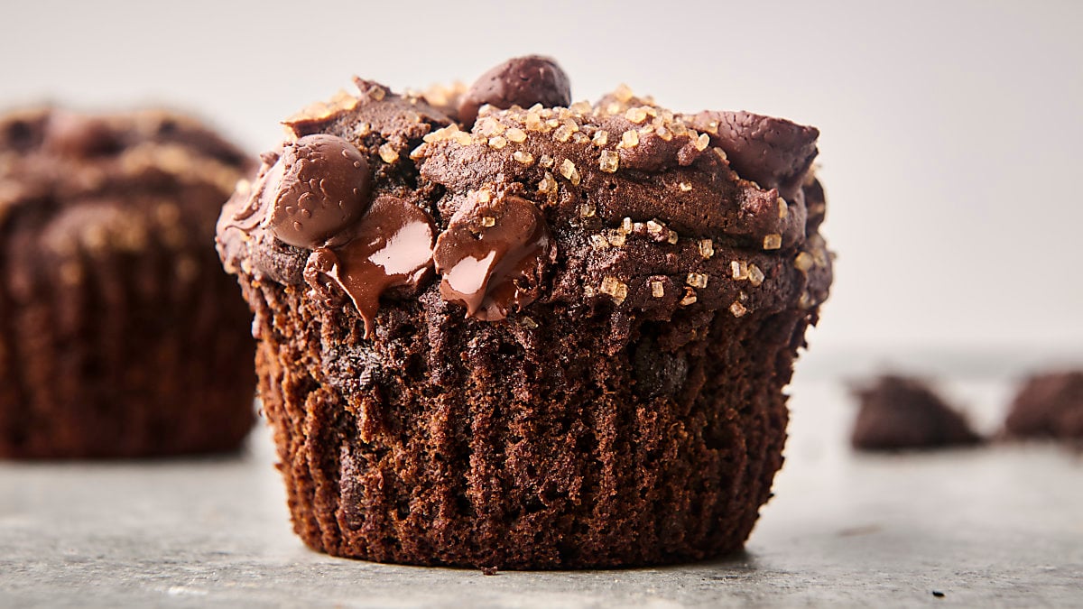 double chocolate pumpkin muffin with dark chocolate chips