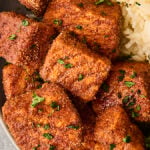 brown sugar and chili powder salmon bites with rice and green beans